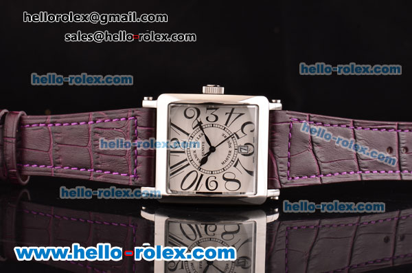 Franck Muller Master Square Swiss Quartz Steel Case with Numeral Markers White Dial and Purple Leather Strap - Click Image to Close